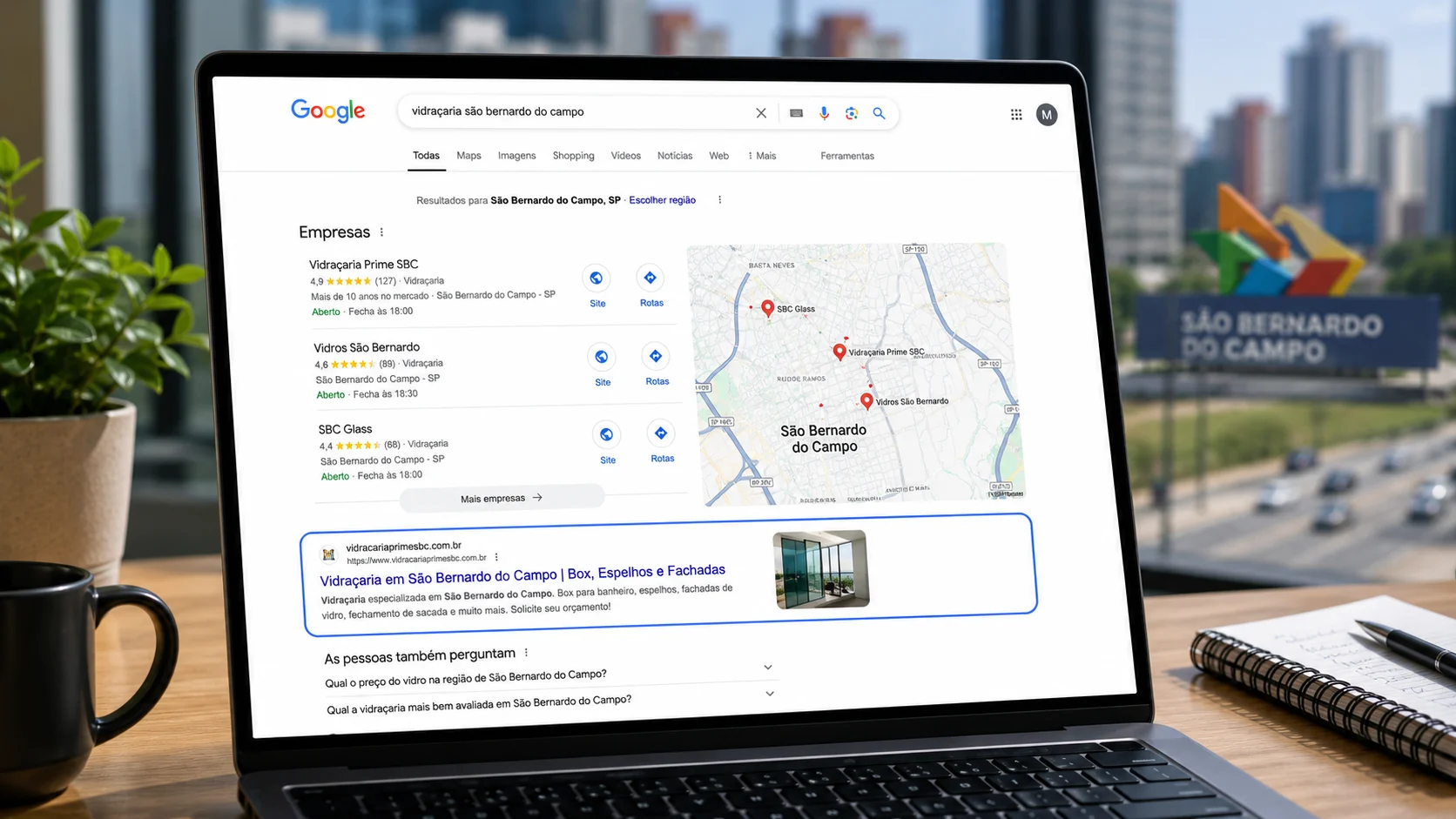 [Imagem: tela de pesquisa no Google mostrando empresas locais de São Bernardo do Campo e um site profissional em destaque]