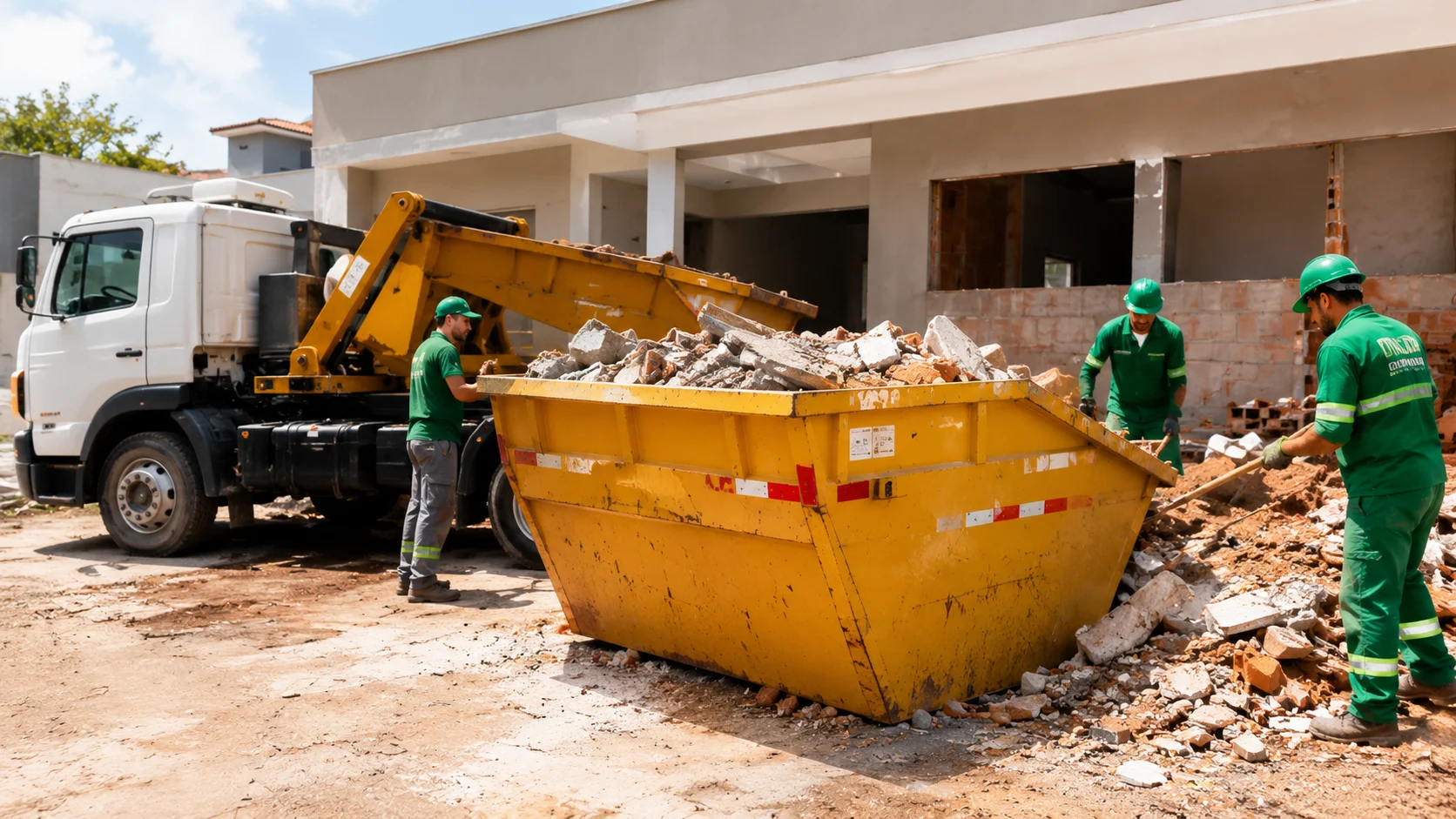 [Imagem: empresa de papa entulho realizando a entrega de uma caçamba em uma obra residencial, com caminhão estacionado e profissionais trabalhando]