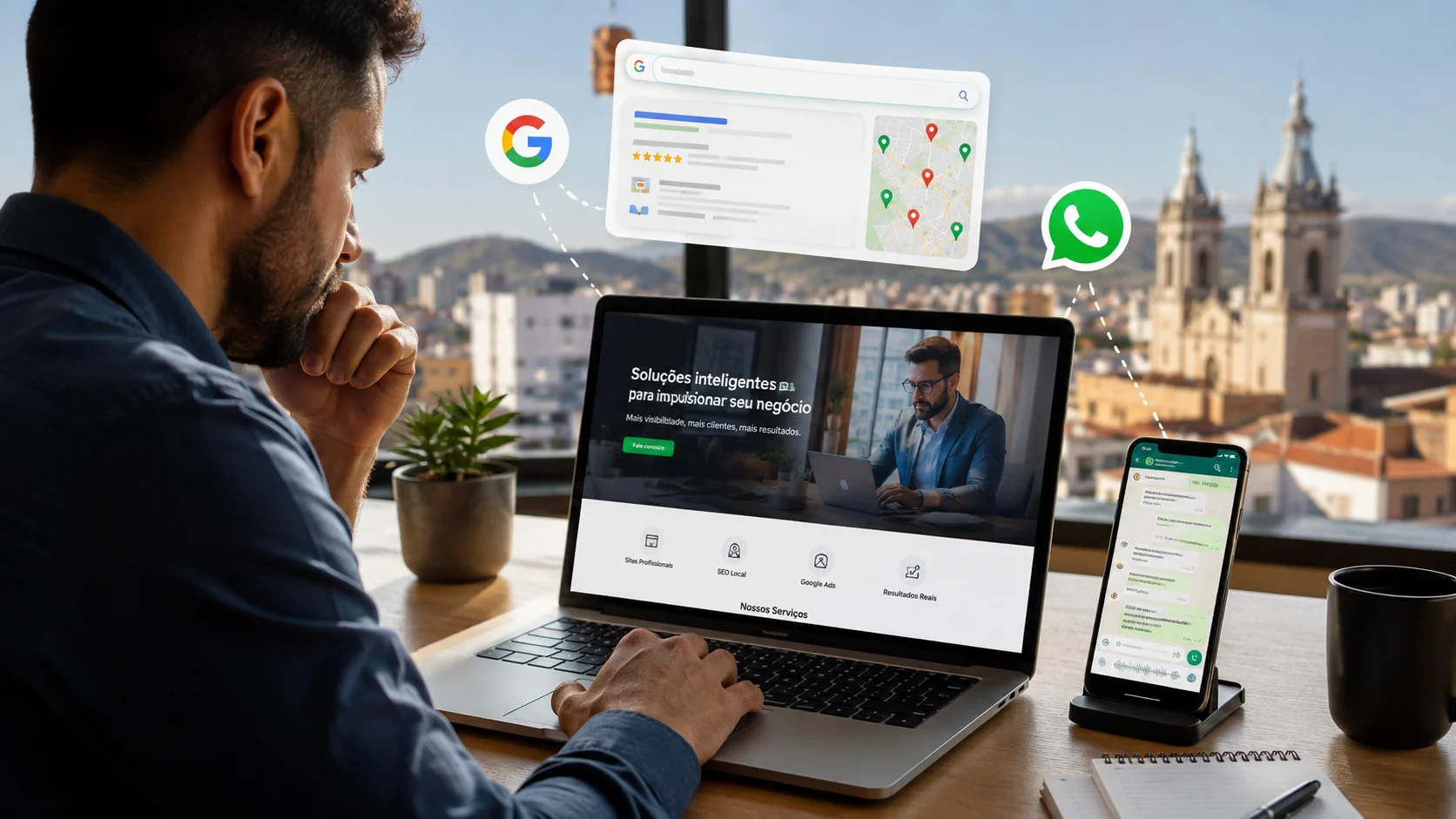 [Imagem: empresário de Montes Claros analisando em notebook um site profissional integrado ao Google e ao WhatsApp]