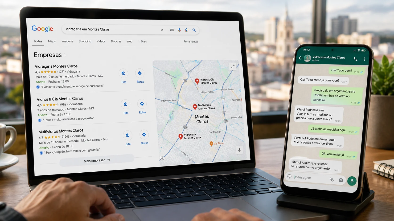 [Imagem: tela de busca do Google exibindo resultados de empresas locais em Montes Claros e um smartphone com conversa comercial no WhatsApp]