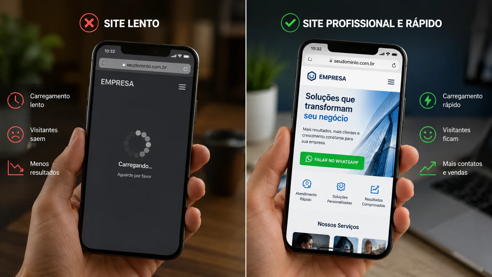 [Imagem: comparação entre um site lento carregando no celular e uma página profissional rápida exibindo botão de WhatsApp]