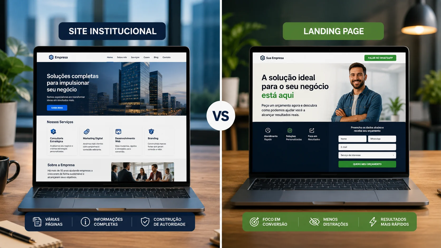 [Imagem: tela dividida mostrando de um lado site institucional com várias páginas e do outro landing page direcionando o visitante para solicitar orçamento]