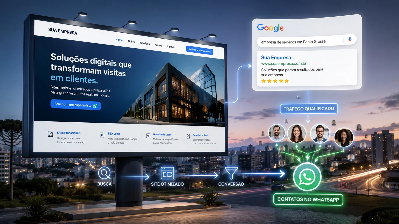 [Imagem: conceito de Outdoor Digital mostrando um site empresarial como um grande painel virtual conectado ao Google e direcionando potenciais clientes para o WhatsApp]