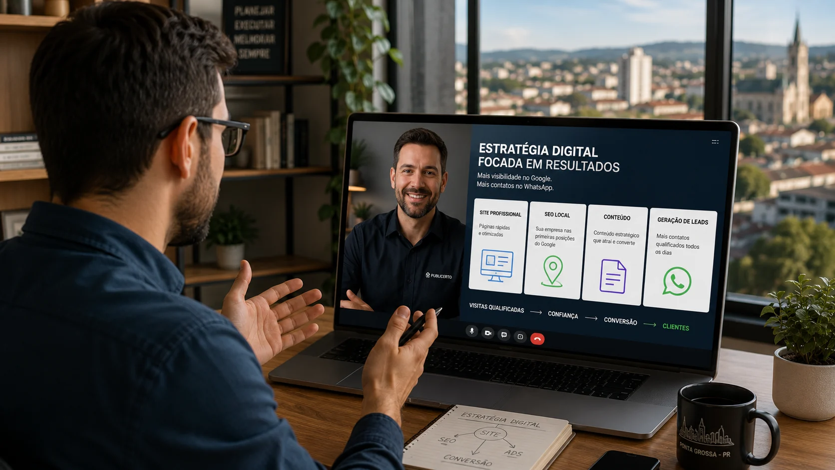 [Imagem: profissional apresentando em videoconferência uma estratégia de site, SEO local e geração de leads para empresário de Ponta Grossa]