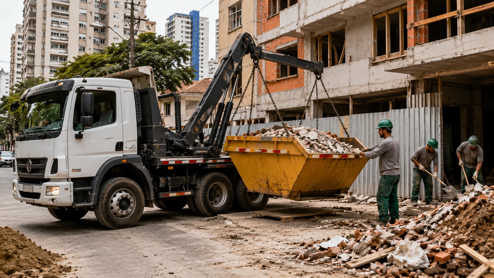 [Imagem: caminhão de papa entulho entregando uma caçamba em frente a uma obra urbana, com trabalhadores removendo resíduos de construção]