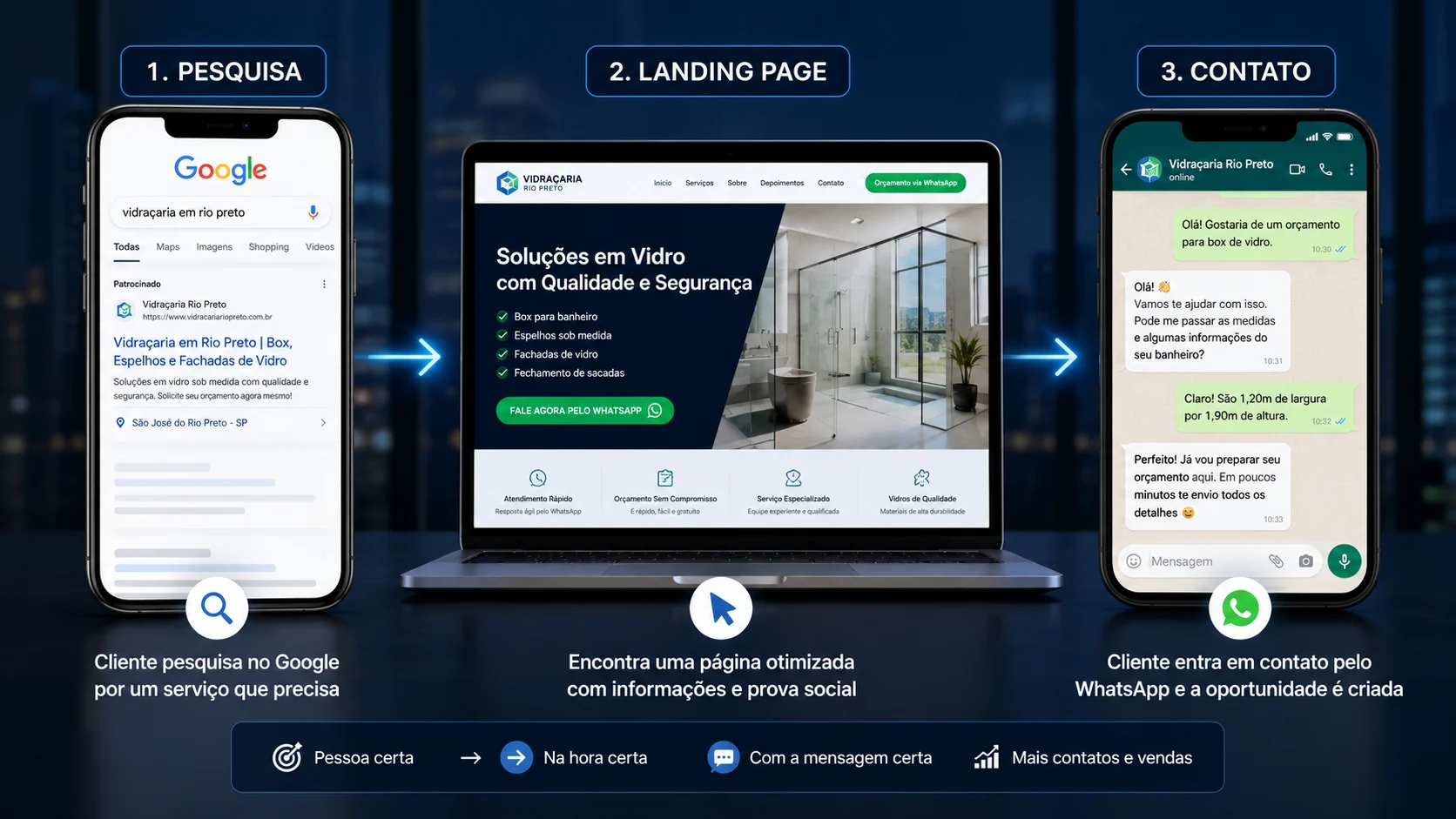[Imagem: fluxo mostrando uma pesquisa no Google levando para uma landing page e depois para uma conversa comercial no WhatsApp]