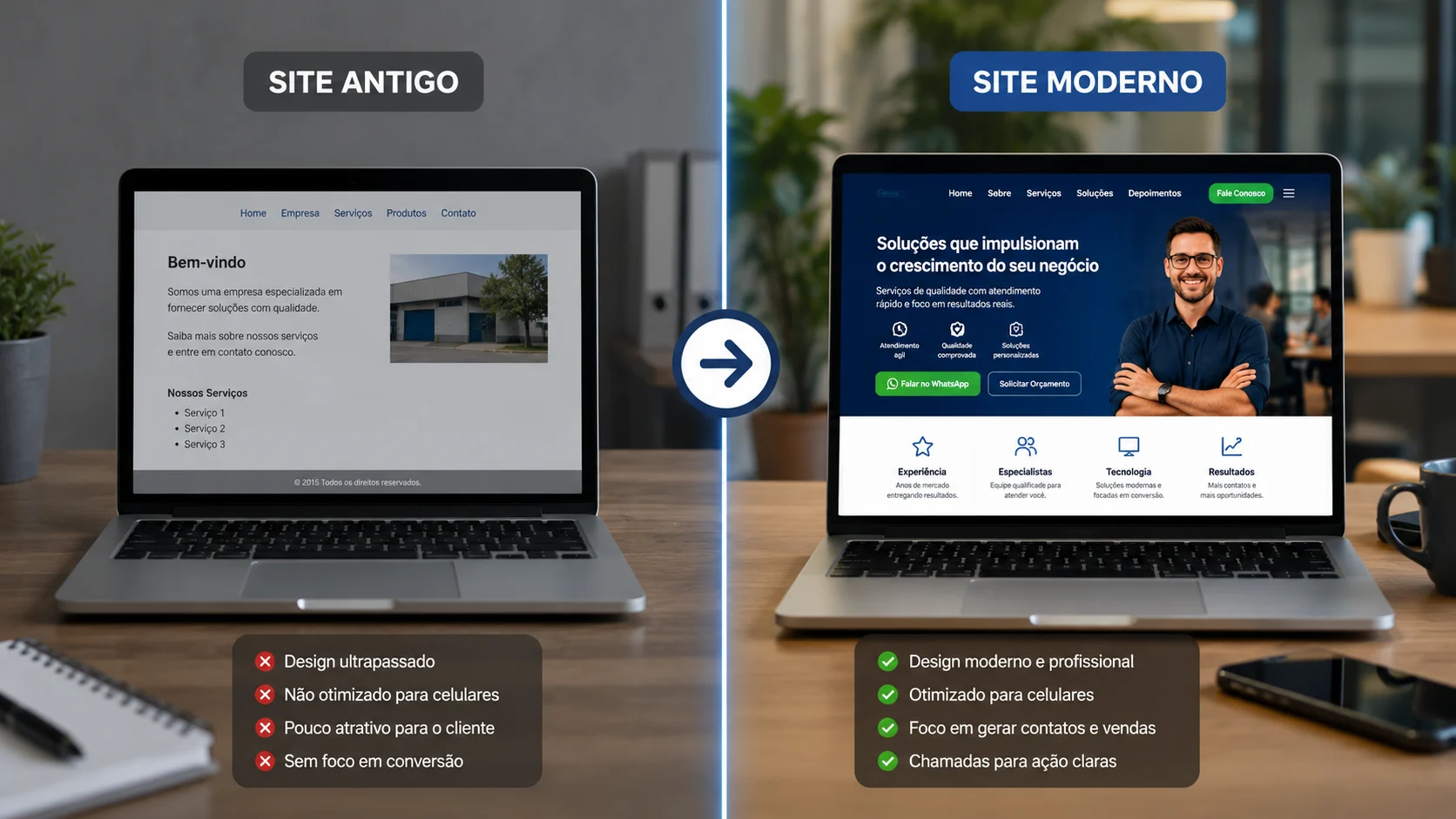 [Imagem: comparação visual entre um site antigo usado apenas como cartão de visitas e um site moderno voltado para geração de contatos]