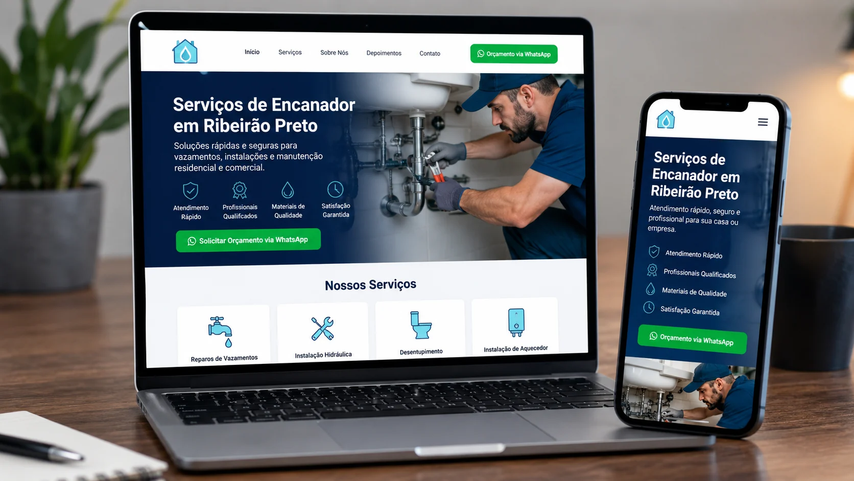 [Imagem: landing page profissional de serviço local exibida em notebook e smartphone com botão de orçamento pelo WhatsApp]
