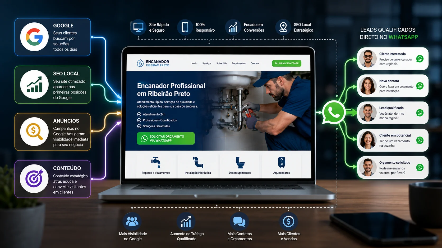 [Imagem: ecossistema digital mostrando Google, SEO, anúncios e site conduzindo potenciais clientes até conversas no WhatsApp]