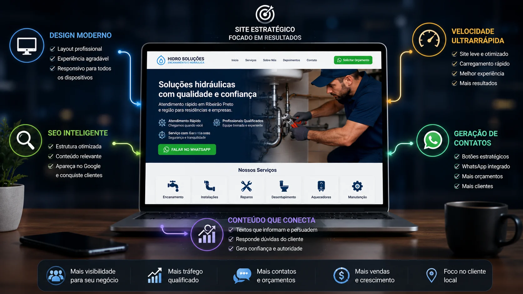 [Imagem: site profissional moderno dividido visualmente entre design, SEO, velocidade, conteúdo e geração de contatos]