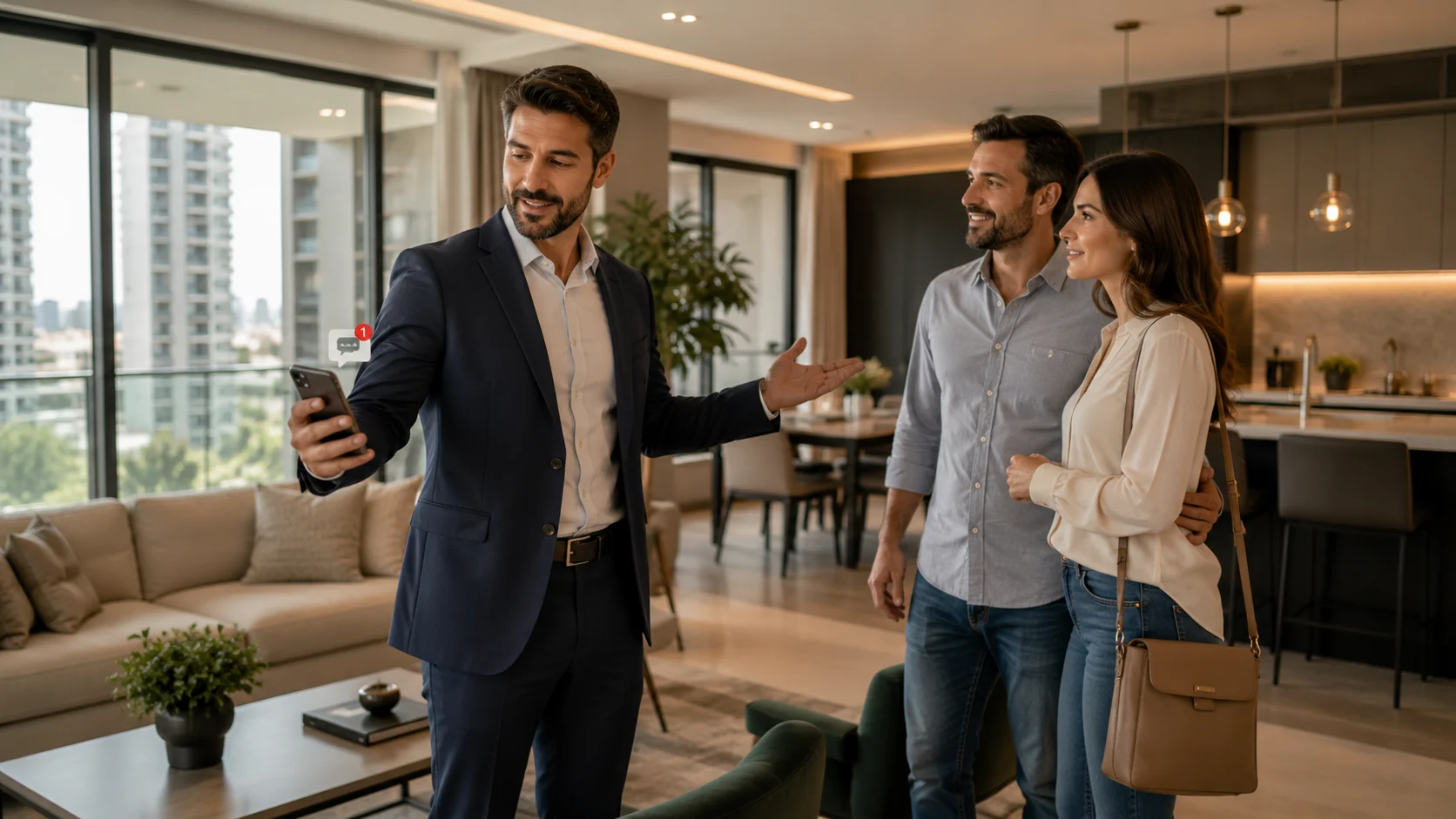 [Imagem: corretor de imóveis mostrando um apartamento moderno para um casal enquanto recebe uma nova solicitação de atendimento pelo celular]