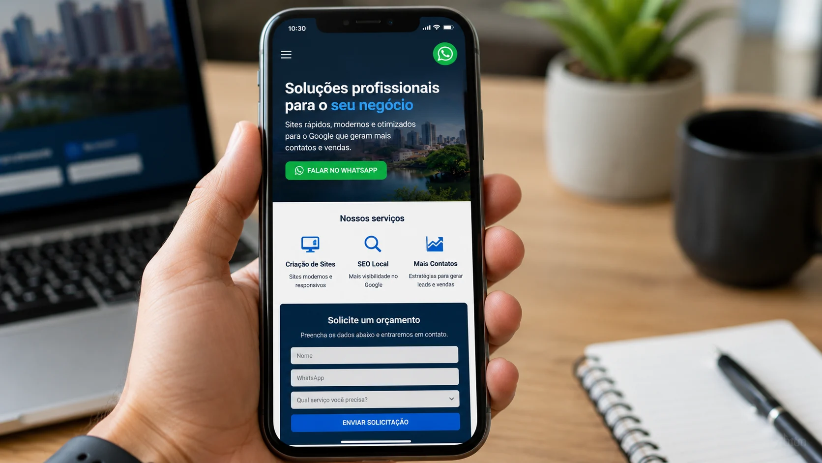 [Imagem: smartphone exibindo site empresarial rápido com botão de WhatsApp, serviços locais e formulário de orçamento]