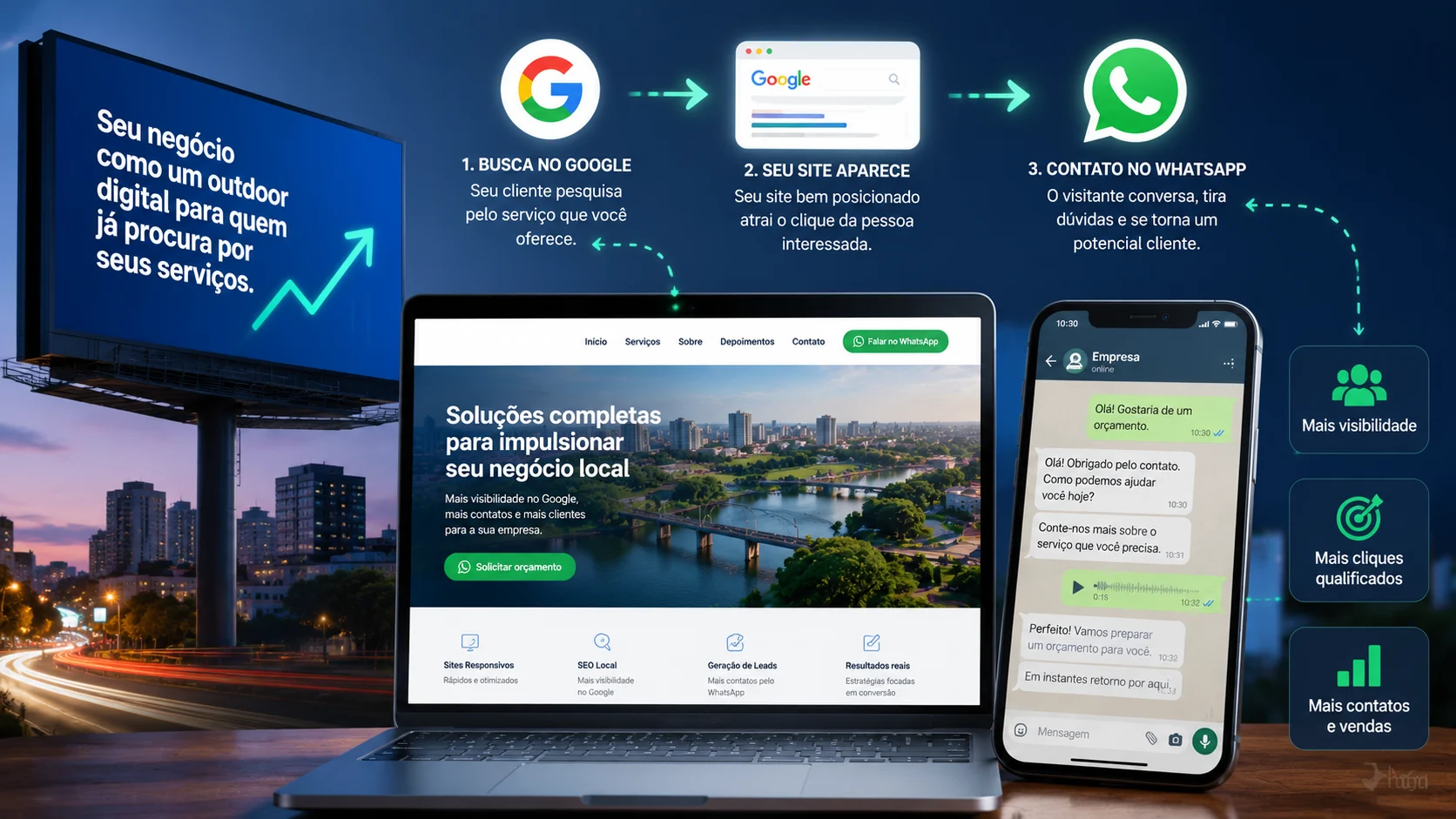 [Imagem: conceito de outdoor digital mostrando um site empresarial aparecendo nos resultados do Google e conduzindo visitantes para o WhatsApp]