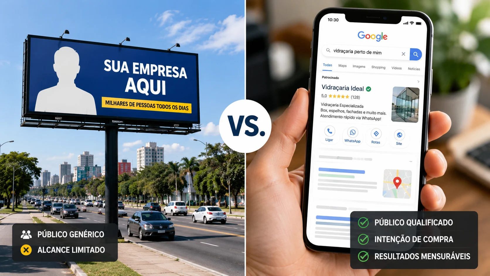[Imagem: comparação visual entre um outdoor tradicional em uma avenida e uma empresa aparecendo nos resultados de pesquisa do Google]