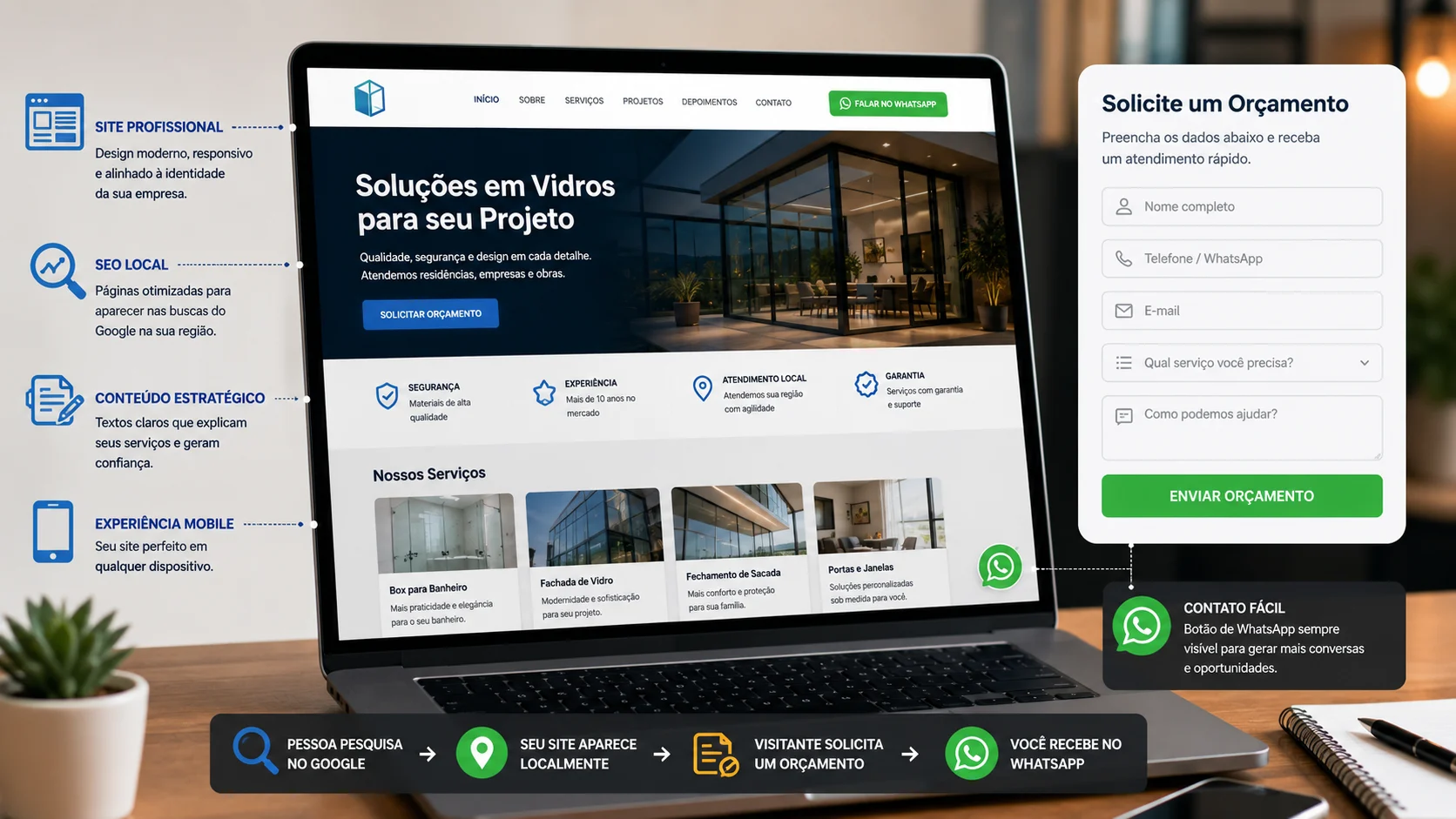 [Imagem: estrutura de um site profissional com páginas de serviços, SEO local, botão de WhatsApp e formulário de orçamento]