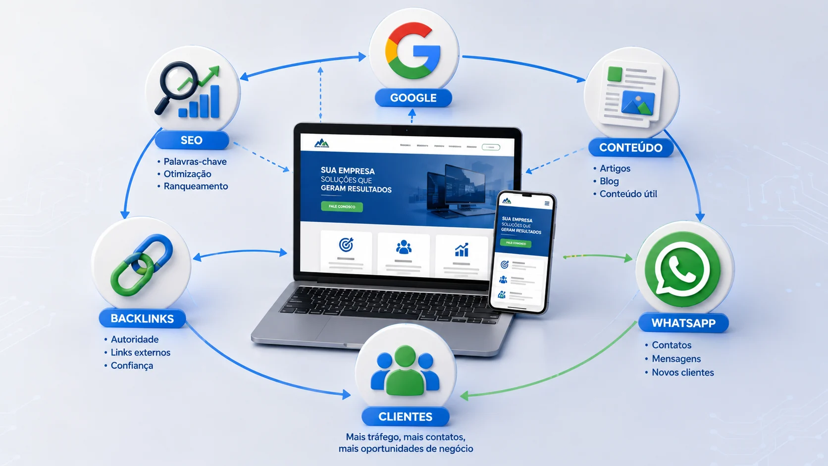 [Imagem: ilustração mostrando site, SEO, conteúdo, Google, backlinks e WhatsApp conectados como partes de um ecossistema digital]