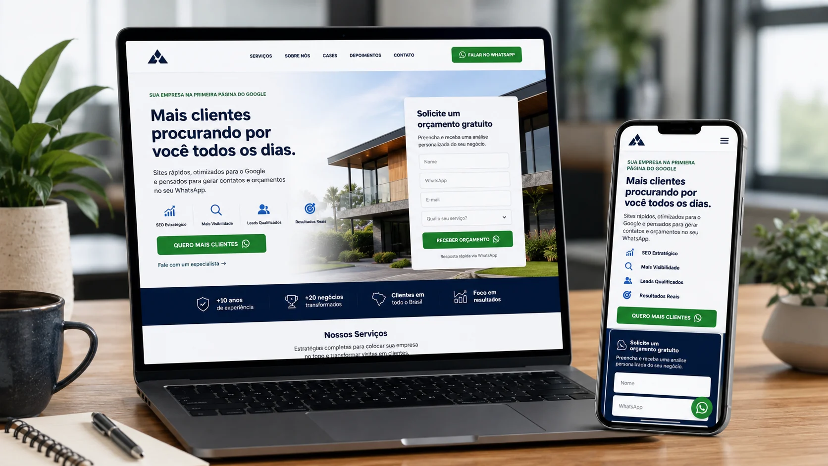 [Imagem: landing page profissional aberta em notebook e celular com formulário, botão de WhatsApp e elementos de conversão]