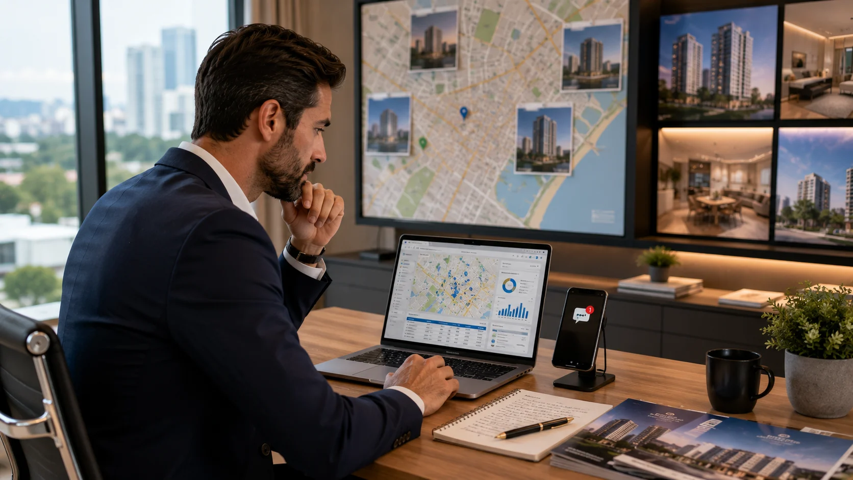 [Imagem: corretor de imóveis analisando buscas e regiões de interesse em um notebook, com mapa urbano e anúncios imobiliários ao fundo]