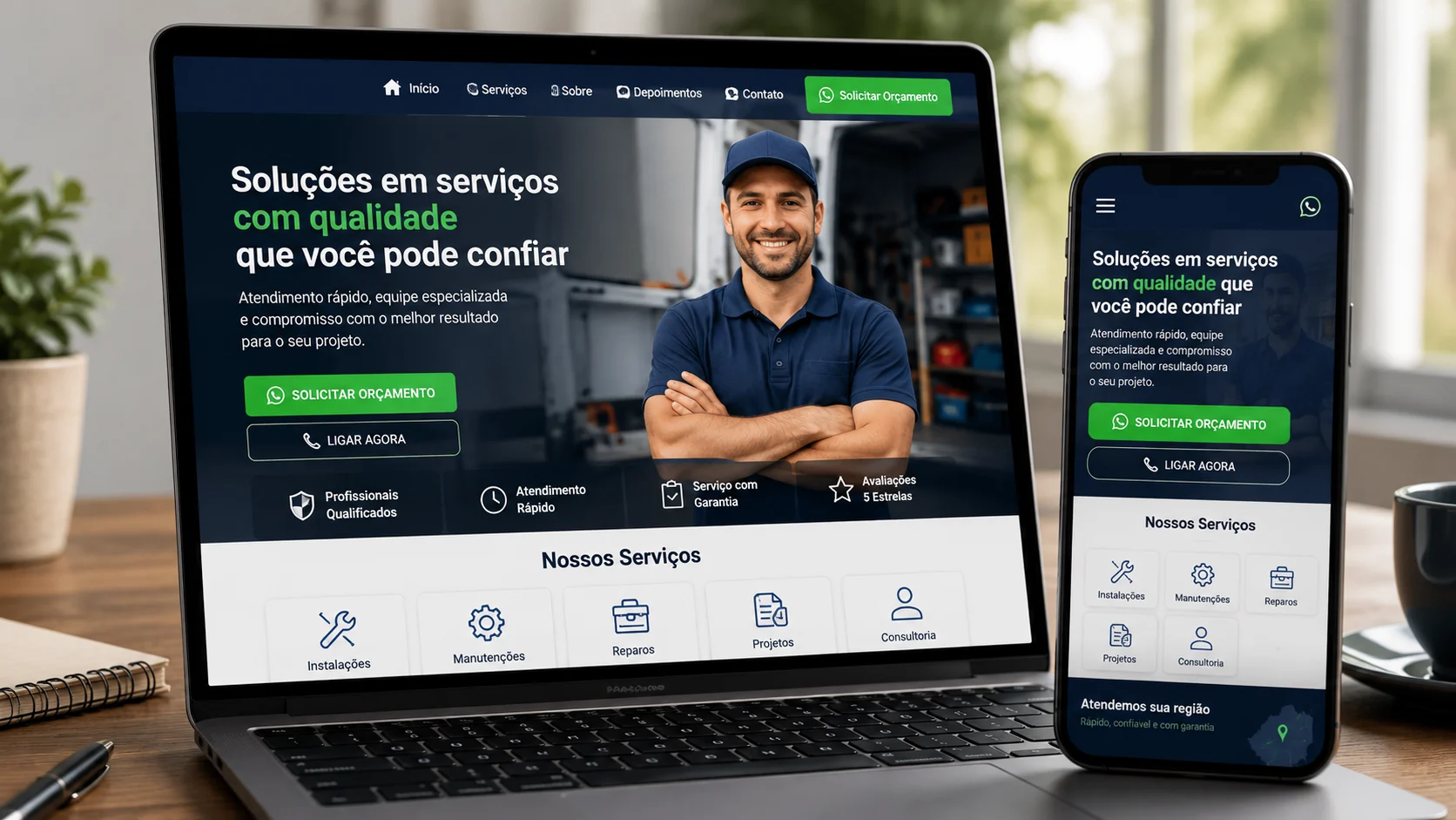 [Imagem: landing page moderna de empresa de serviços aberta em notebook e smartphone com botão destacado para solicitar orçamento]