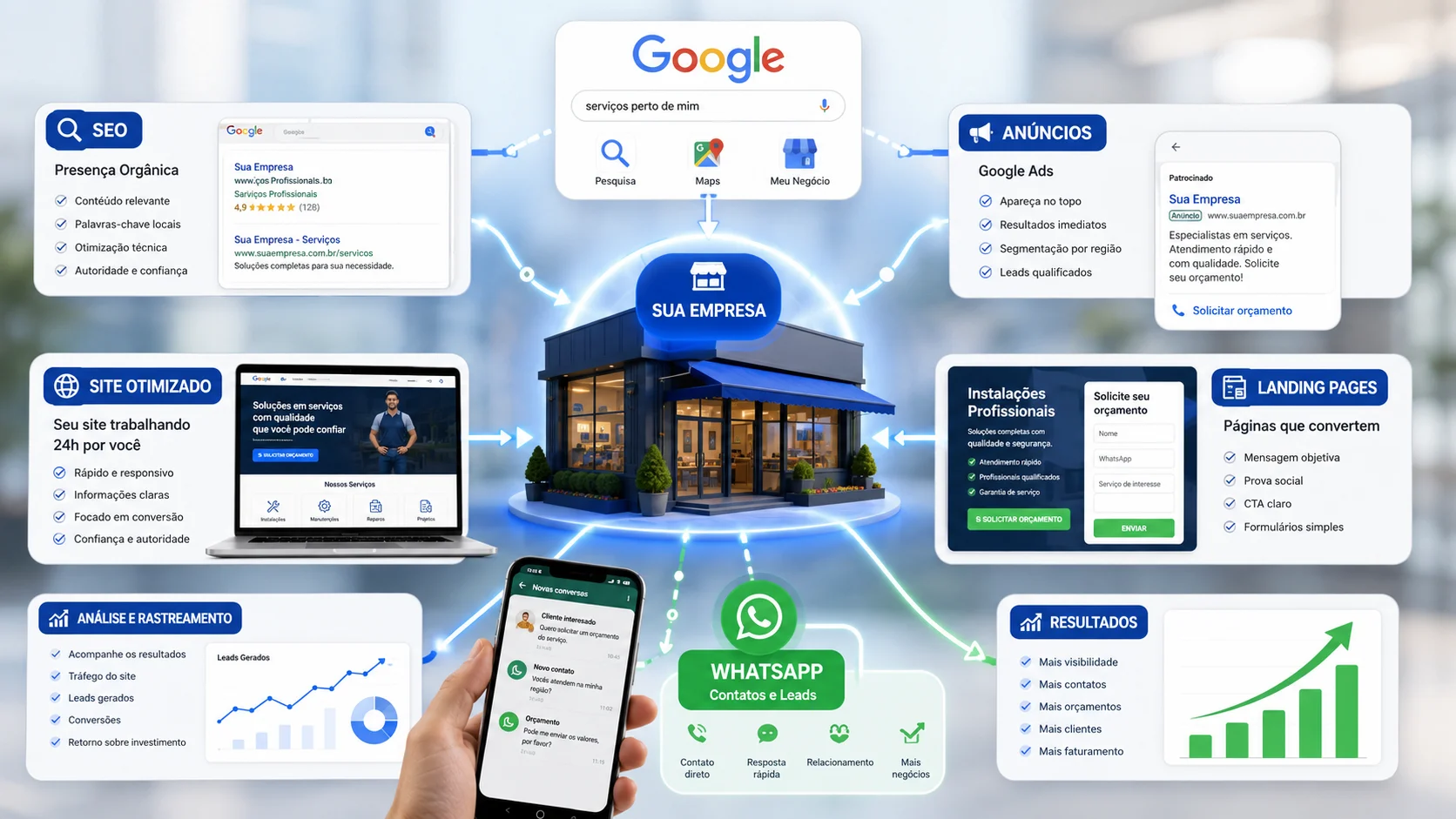 [Imagem: ecossistema de marketing digital conectando Google, SEO, landing page, anúncios e WhatsApp ao redor de uma pequena empresa]