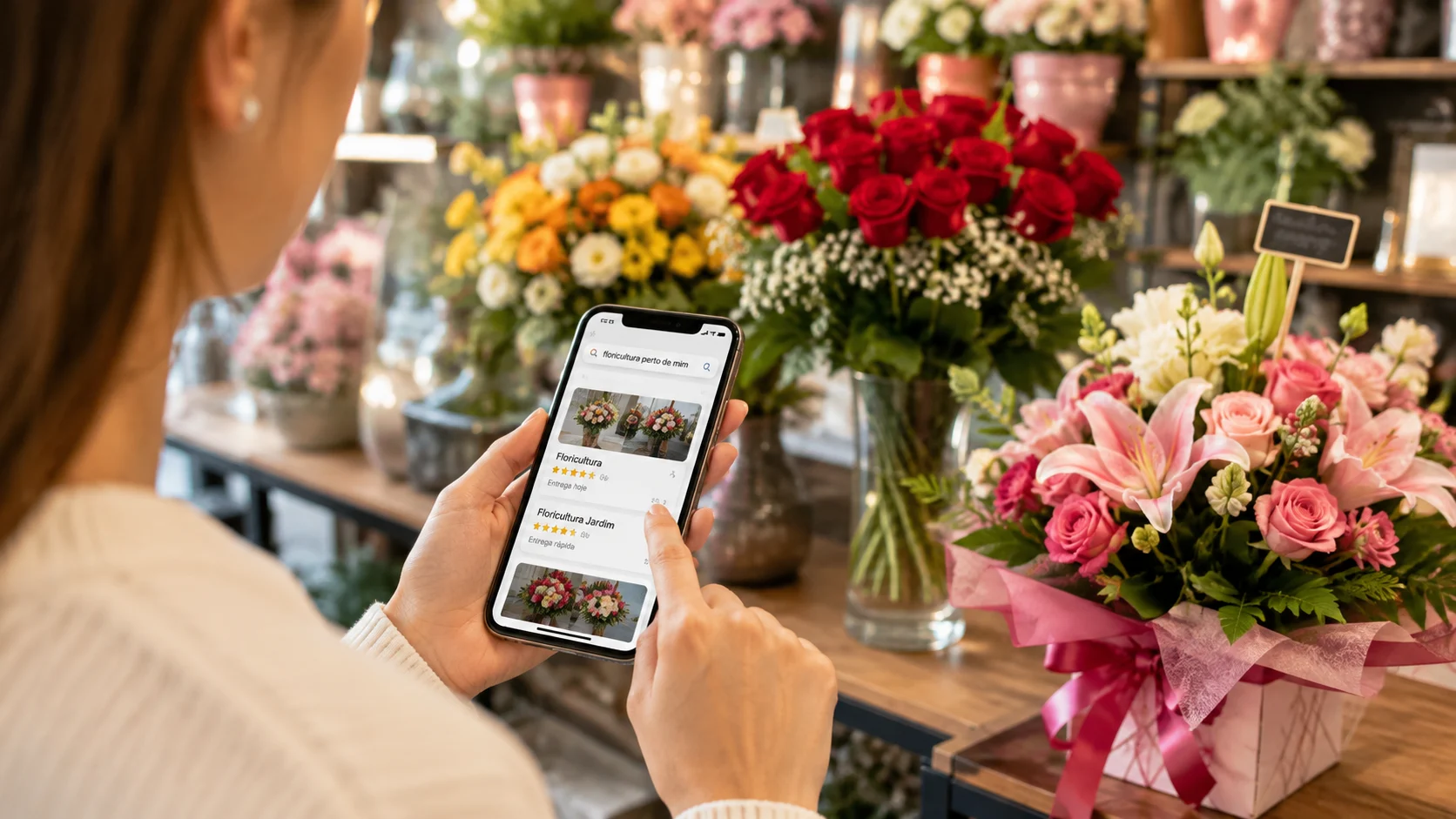 [Imagem: pessoa pesquisando uma floricultura no celular enquanto diferentes arranjos de flores aparecem ao fundo]