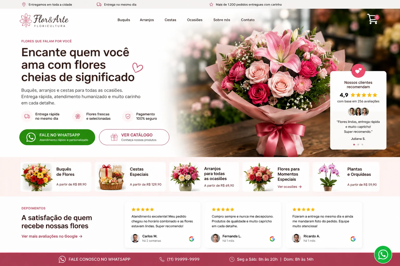 [Imagem: landing page moderna de uma floricultura com buquês, avaliações de clientes e botão destacado para contato pelo WhatsApp]