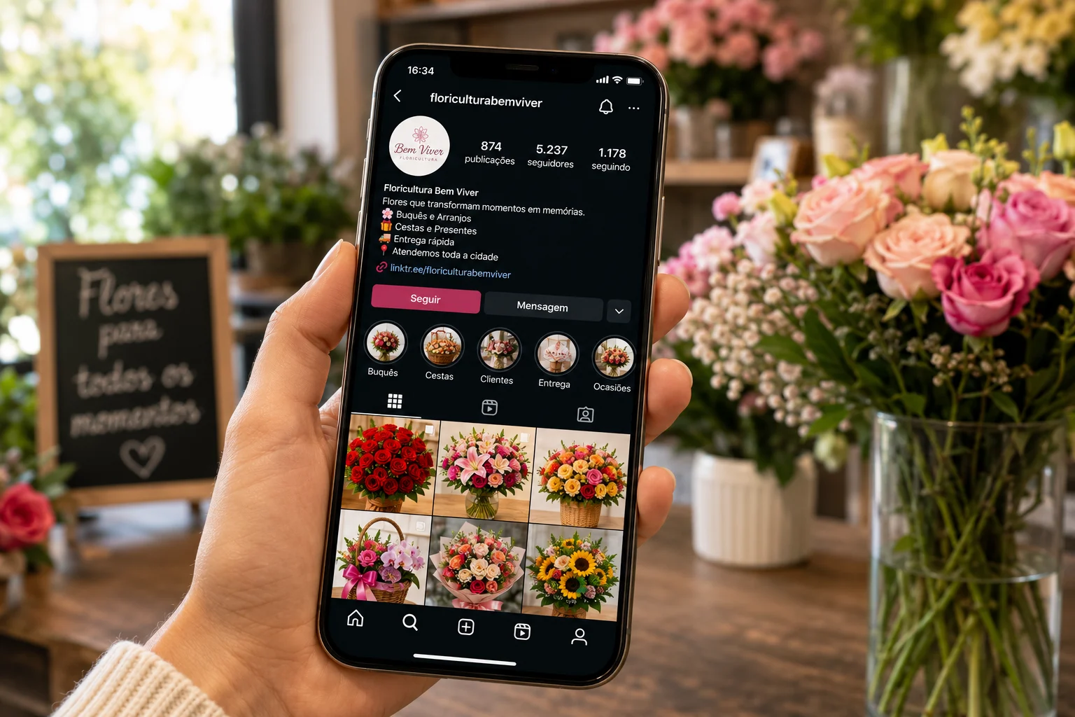 [Imagem: smartphone exibindo perfil de floricultura nas redes sociais com fotografias profissionais de buquês e arranjos]