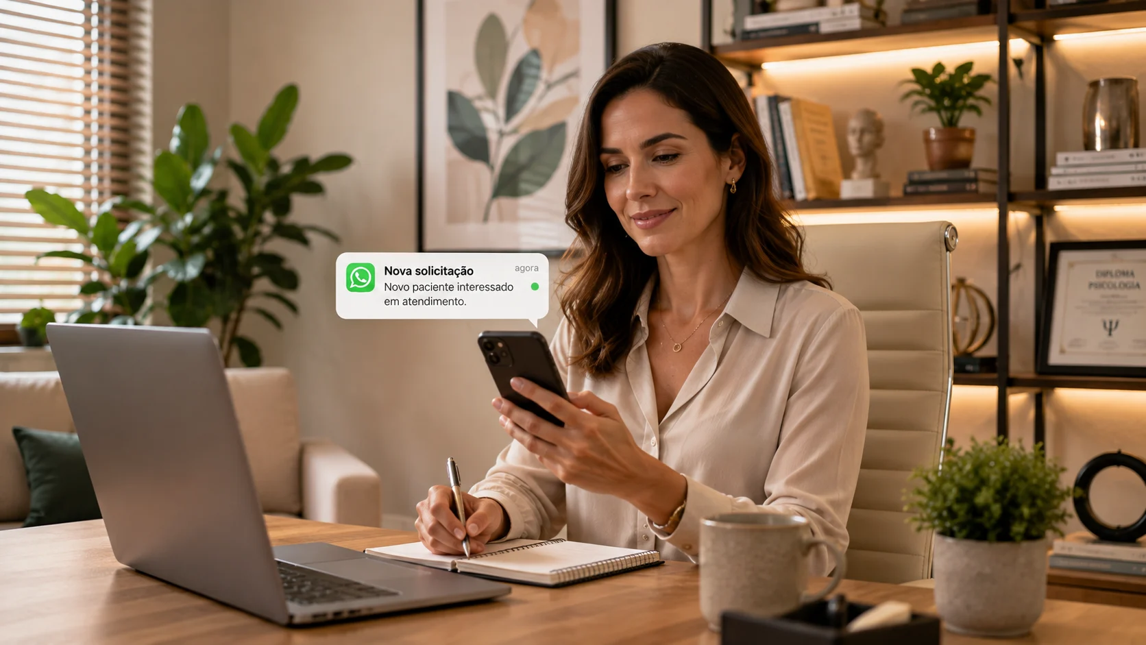 [Imagem: psicóloga recebendo uma nova solicitação de atendimento pelo celular enquanto trabalha em um consultório acolhedor e profissional]