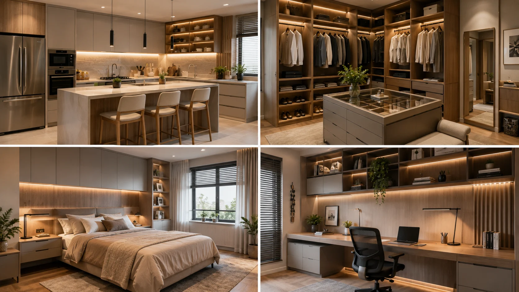 [Imagem: montagem elegante mostrando cozinha, closet, dormitório e home office com móveis planejados]