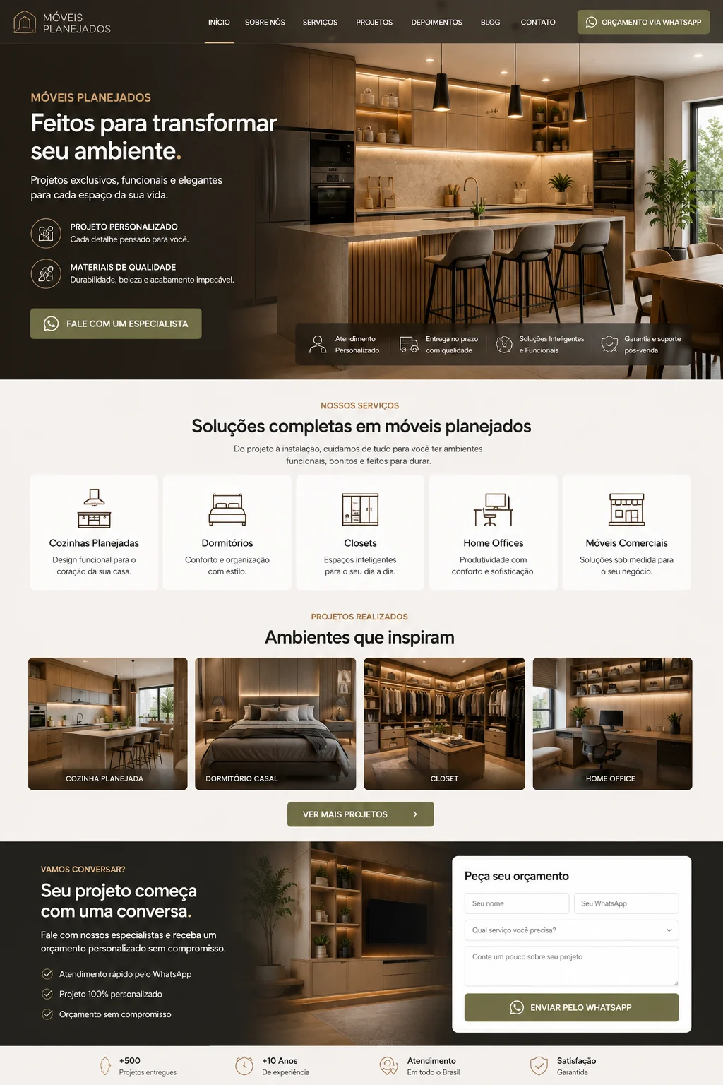[Imagem: layout conceitual de landing page para empresa de móveis planejados com portfólio, serviços e botão de orçamento]