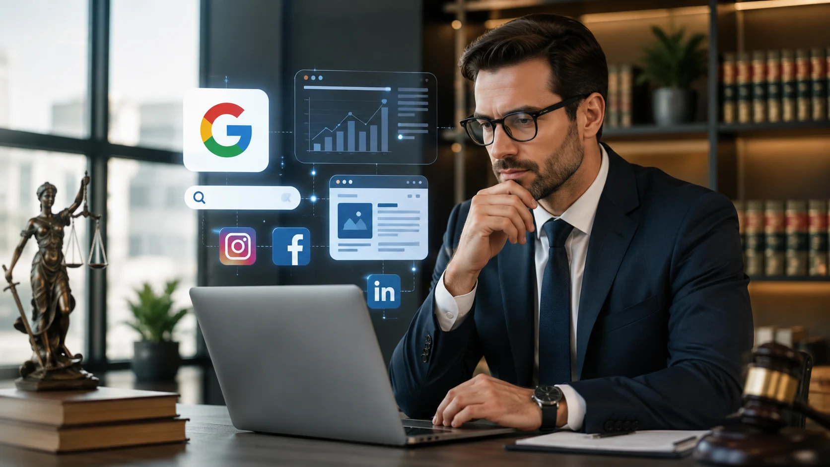 [Imagem: advogado analisando estratégias de marketing jurídico em notebook com elementos representando Google, site e redes sociais]