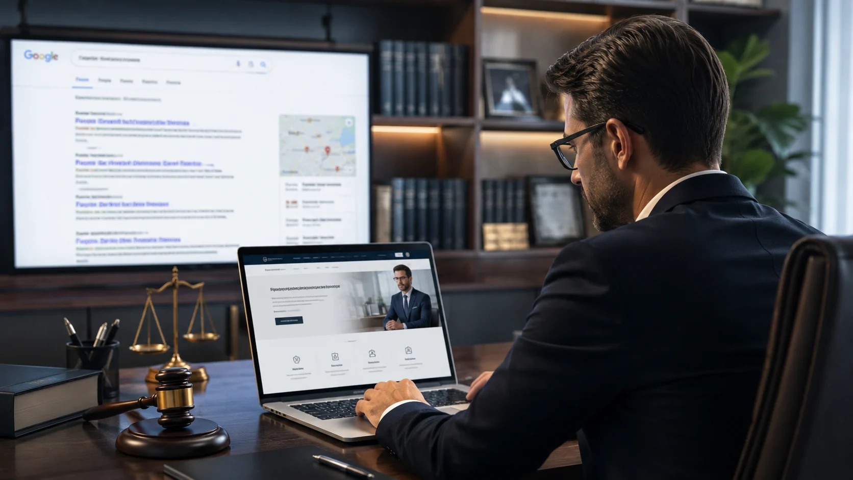 [Imagem: advogado ou advogada analisando uma landing page profissional em um notebook, com resultados de busca do Google ao fundo, escritório moderno e aparência sóbria]