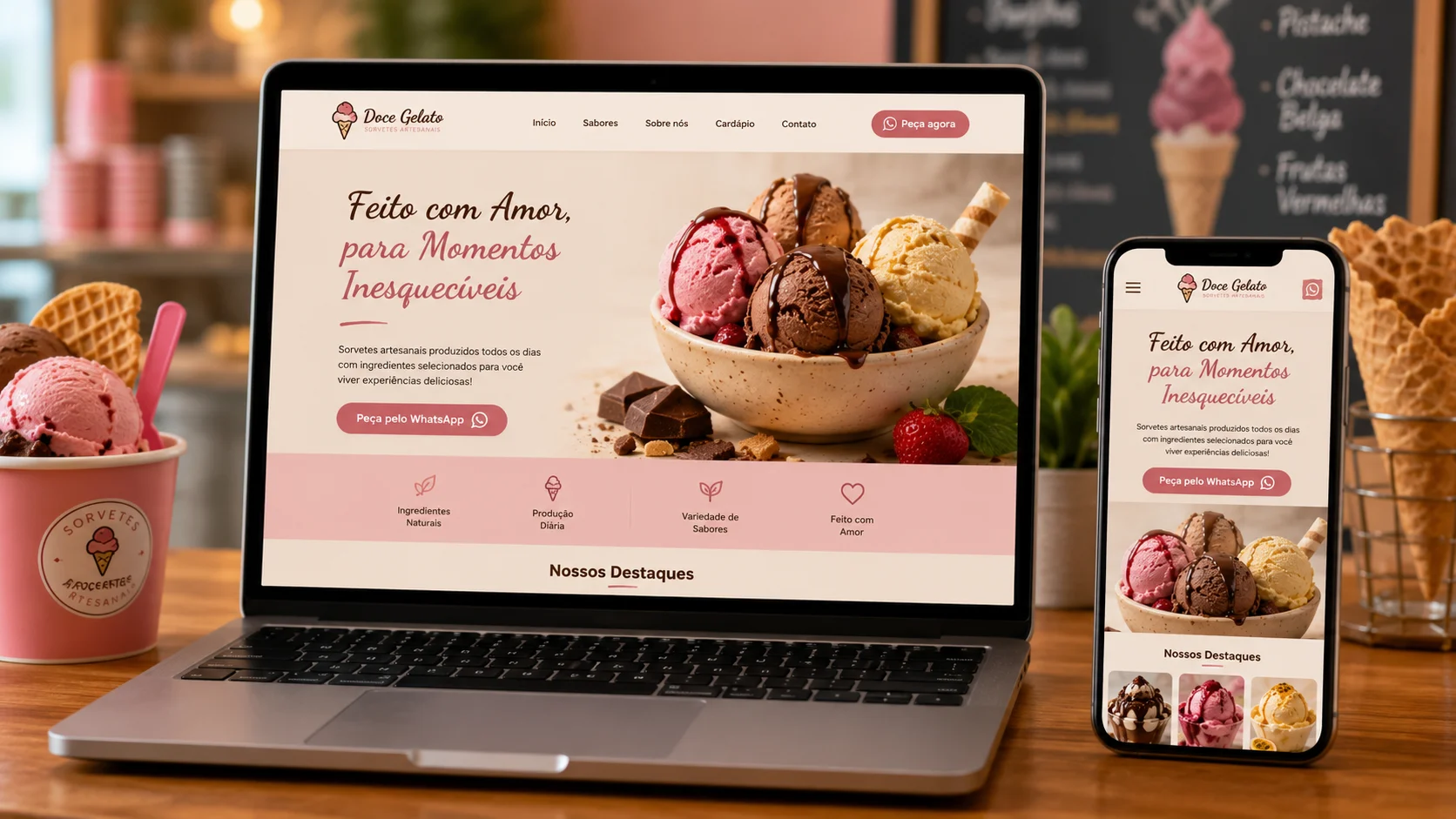 [Imagem: página moderna de uma sorveteria exibida em notebook e smartphone com fotos de sorvetes e botão de pedido]